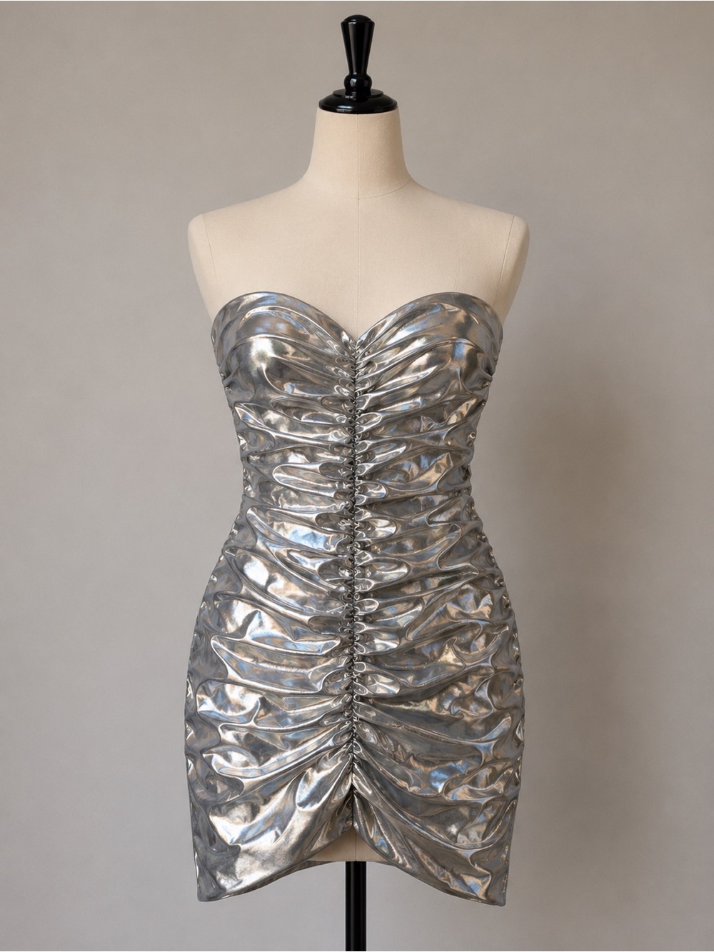 Discovery Metallic Silver Strapless Ruched Mini Dress